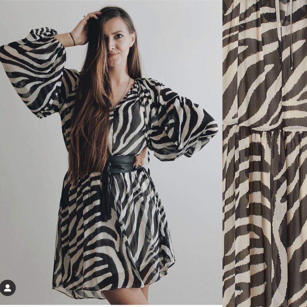 HM NEW BOHO FESTIVAL ZEBRA DRESS ANIMAL PRINT RETRO HIPPIE BLACK CREAM XL